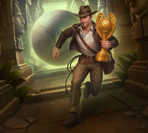 Explorer sprinting forward through a narrow stone temple passage while gripping a gold cup-shaped trophy, with a cracked stone boulder rolling directly behind him between carved pillars, showing the moment of escape after obtaining a sankra casino bonus