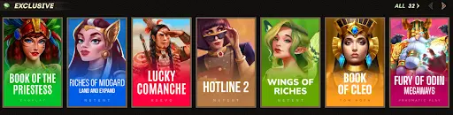 Horizontal selection of colourful slot game covers featuring mythological and fantasy characters such as Book of the Priestess, Lucky Comanche and Book of Cleo, displayed in an exclusive carousel within the sankra casino interface